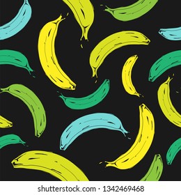 Seamless pop art banana color green and yellow pattern randomly distributed on black background. Vector Illustration.