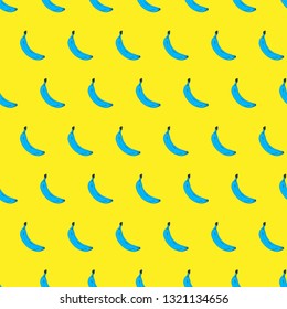 Seamless pop art banana pattern blue randomly distributed on yellow background. Vector Illustration.