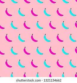 Seamless pop art banana pattern pink and blue randomly distributed on color background. Vector Illustration.