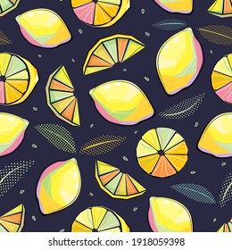 Seamless Pop Art citrus pattern with stylized leaves. Summer background. Vector bright print for fabric, wrapping paper