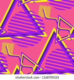 Seamless Pop Art Pattern. Abstract Colorful Texture with Lines and Geometric Figures for Print, Fabric, Textile.  Vintage Seamless Multicolor Background in Disco Style. Vector Texture.