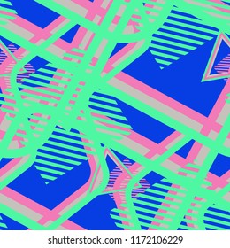 Seamless Pop Art Pattern. Abstract Colorful Texture with Lines and Geometric Figures for Chintz, Linen, Wallpaper. Trendy Seamless Multicolor Background in Disco Style. Vector Texture.