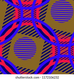 Seamless Pop Art Pattern. Abstract Colorful Texture with Lines and Geometric Figures for Print, Cloth, Fabric. Retro Seamless Multicolor Background in Disco Style. Vector Texture.