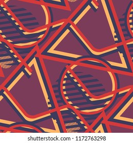 Seamless Pop Art Pattern. Abstract Color Texture with Lines and Geometric Figures for Chintz, Linen, Wallpaper. Modern Seamless Multicolor Background in Disco Style. Vector Texture.