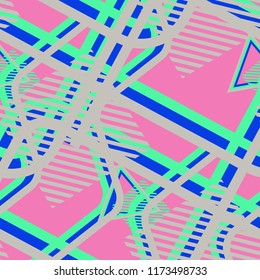 Seamless Pop Art Pattern. Abstract Colorful Texture with Lines and Geometric Figures for Linen, Paper, Tablecloth. Vintage Seamless Multicolor Background in Disco Style. Vector Texture.