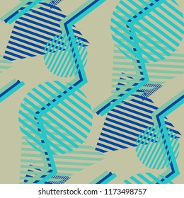 Seamless Pop Art Pattern. Abstract Color Texture with Lines and Geometric Figures for Calico, Print, Textile. Trendy Seamless Multicolor Background in Disco Style. Vector Texture.