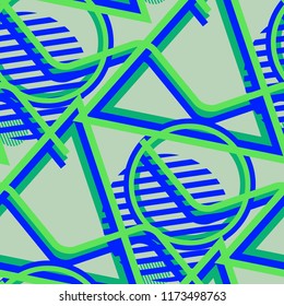 Seamless Pop Art Pattern. Abstract Colorful Texture with Lines and Geometric Figures for Wallpaper, Print, Textile. Retro Seamless Multicolor Background in Disco Style. Vector Texture.