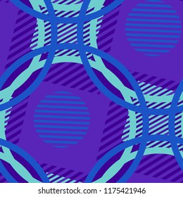 Seamless Pop Art Pattern. Abstract Color Texture with Lines and Geometric Figures for Dress, Curtain, Tablecloth. Retro Seamless Multicolor Background in Disco Style. Vector Texture.