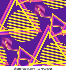 Seamless Pop Art Pattern. Abstract Colorful Texture with Lines and Geometric Figures for Linen, Paper, Tablecloth. Retro Seamless Multicolor Background in Disco Style. Vector Texture.