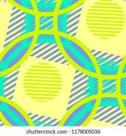 Seamless Pop Art Pattern. Abstract Color Texture with Lines and Geometric Figures for Linen, Paper, Tablecloth. Trendy Seamless Multicolor Background in Disco Style. Vector Texture.