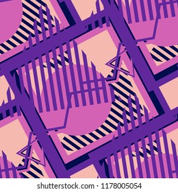 Seamless Pop Art Pattern. Abstract Colorful Texture with Lines and Geometric Figures for Calico, Print, Textile. Vintage Seamless Multicolor Background in Disco Style. Vector Texture.