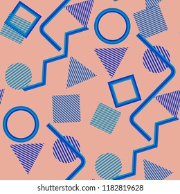 Seamless Pop Art Pattern. Abstract Color Texture with Lines and Geometric Figures for Chintz, Curtain, Paper. Trendy Seamless Multicolor Background in Disco Style. Vector Texture.