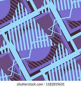 Seamless Pop Art Pattern. Abstract Color Texture with Lines and Geometric Figures for Wallpaper, Print, Cotton. Retro Seamless Multicolor Background in Disco Style. Vector Texture.