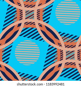 Seamless Pop Art Pattern. Abstract Color Texture with Lines and Geometric Figures for Wallpaper, Print, Cotton. Modern Seamless Multicolor Background in Disco Style. Vector Texture.