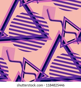 Seamless Pop Art Pattern. Abstract Color Texture with Lines and Geometric Figures for Chintz, Linen, Wallpaper. Trendy Seamless Multicolor Background in Disco Style. Vector Texture.