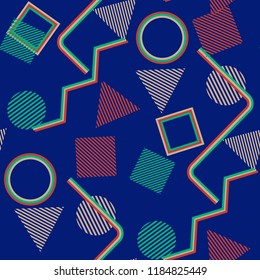 Seamless Pop Art Pattern. Abstract Color Texture with Lines and Geometric Figures for Calico, Print, Textile. Modern Seamless Multicolor Background in Disco Style. Vector Texture.