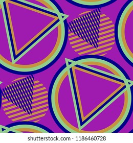 Seamless Pop Art Pattern. Abstract Colorful Texture with Lines and Geometric Figures for Print, Fabric, Textile.  Modern Seamless Multicolor Background in Disco Style. Vector Texture.