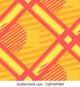 Seamless Pop Art Pattern. Abstract Color Texture with Lines and Geometric Figures for Wallpaper, Cotton, Textile. Retro Seamless Multicolor Background in Disco Style. Vector Texture.