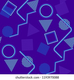 Seamless Pop Art Pattern. Abstract Color Texture with Lines and Geometric Figures for Dress, Paper, Tablecloth. Modern Seamless Multicolor Background in Disco Style. Vector Texture.