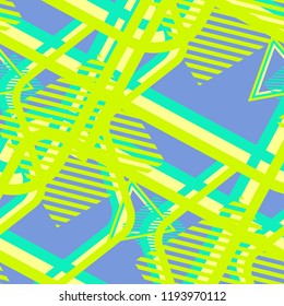 Seamless Pop Art Pattern. Abstract Color Texture with Lines and Geometric Figures for Cotton, Calico, Textile. Trendy Seamless Multicolor Background in Disco Style. Vector Texture.