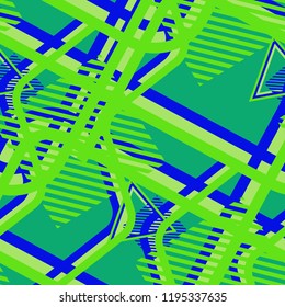 Seamless Pop Art Pattern. Abstract Color Texture with Lines and Geometric Figures for Print, Fabric, Textile.  Retro Seamless Multicolor Background in Disco Style. Vector Texture.