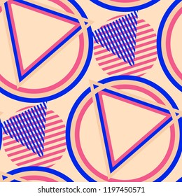 Seamless Pop Art Pattern. Abstract Color Texture with Lines and Geometric Figures for Dress, Curtain, Paper. Retro Seamless Multicolor Background in Disco Style. Vector Texture.