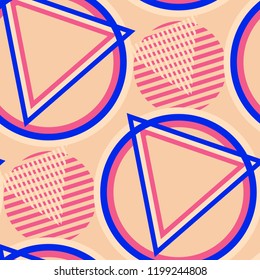 Seamless Pop Art Pattern. Abstract Color Texture with Lines and Geometric Figures for Dress, Curtain, Tablecloth. Retro Seamless Multicolor Background in Disco Style. Vector Texture.