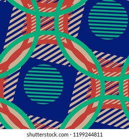 Seamless Pop Art Pattern. Abstract Colorful Texture with Lines and Geometric Figures for Cotton, Print, Calico. Vintage Seamless Multicolor Background in Disco Style. Vector Texture.