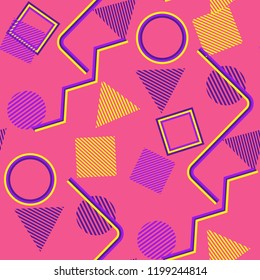 Seamless Pop Art Pattern. Abstract Colorful Texture with Lines and Geometric Figures for Cotton, Calico, Textile. Modern Seamless Multicolor Background in Disco Style. Vector Texture.