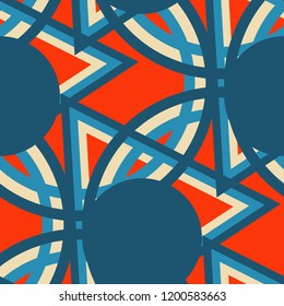 Seamless Pop Art Pattern. Abstract Color Texture with Lines and Geometric Figures for Print, Fabric, Textile.  Vintage Seamless Multicolor Background in Disco Style. Vector Texture.