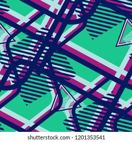Seamless Pop Art Pattern. Abstract Colorful Texture with Lines and Geometric Figures for Print, Fabric, Cloth. Modern Seamless Multicolor Background in Disco Style. Vector Texture.