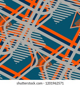 Seamless Pop Art Pattern. Abstract Colorful Texture with Lines and Geometric Figures for Wallpaper, Fabric, Textile. Trendy Seamless Multicolor Background in Disco Style. Vector Texture.