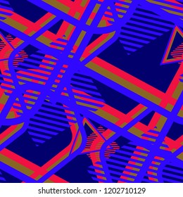 Seamless Pop Art Pattern. Abstract Color Texture with Lines and Geometric Figures for Wallpaper, Print, Cotton. Modern Seamless Multicolor Background in Disco Style. Vector Texture.