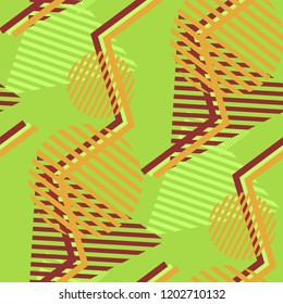 Seamless Pop Art Pattern. Abstract Colorful Texture with Lines and Geometric Figures for Fabric, Cloth, Textile. Retro Seamless Multicolor Background in Disco Style. Vector Texture.