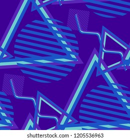 Seamless Pop Art Pattern. Abstract Color Texture with Lines and Geometric Figures for Wallpaper, Print, Cotton. Trendy Seamless Multicolor Background in Disco Style. Vector Texture.