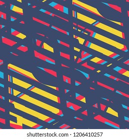 Seamless Pop Art Pattern. Abstract Color Texture with Lines and Geometric Figures for Print, Fabric, Textile. Modern Seamless Multicolor Background in Disco Style. Vector Texture.