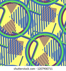 Seamless Pop Art Pattern. Abstract Color Texture with Lines and Geometric Figures for Wallpaper, Print, Cotton. Retro Seamless Multicolor Background in Disco Style. Vector Texture.