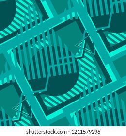 Seamless Pop Art Pattern. Abstract Color Texture with Lines and Geometric Figures for Chintz, Linen, Wallpaper. Trendy Seamless Multicolor Background in Disco Style. Vector Texture.
