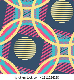 Seamless Pop Art Pattern. Abstract Color Texture with Lines and Geometric Figures for Wallpaper, Fabric, Print. Modern Seamless Multicolor Background in Disco Style. Vector Texture.