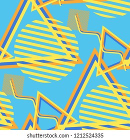 Seamless Pop Art Pattern. Abstract Color Texture with Lines and Geometric Figures for Wallpaper, Print, Cotton. Vintage Seamless Multicolor Background in Disco Style. Vector Texture.