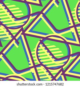 Seamless Pop Art Pattern. Abstract Colorful Texture with Lines and Geometric Figures for Print, Cloth, Textile. Vintage Seamless Multicolor Background in Disco Style. Vector Texture.