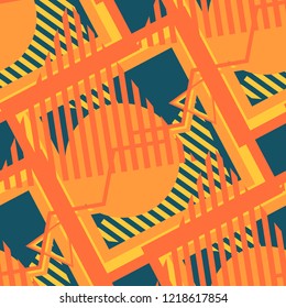 Seamless Pop Art Pattern. Abstract Color Texture with Lines and Geometric Figures for Print, Fabric, Cloth. Modern Seamless Multicolor Background in Disco Style. Vector Texture.