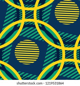 Seamless Pop Art Pattern. Abstract Colorful Texture with Lines and Geometric Figures for Wallpaper, Print, Cotton. Vintage Seamless Multicolor Background in Disco Style. Vector Texture.