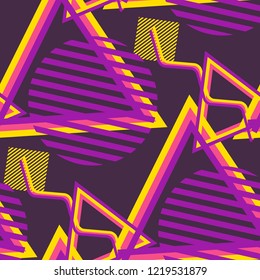 Seamless Pop Art Pattern. Abstract Color Texture with Lines and Geometric Figures for Wallpaper, Cotton, Textile. Retro Seamless Multicolor Background in Disco Style. Vector Texture.