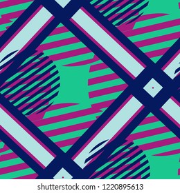 Seamless Pop Art Pattern. Abstract Colorful Texture with Lines and Geometric Figures for Cotton, Print, Textile. Trendy Seamless Multicolor Background in Disco Style. Vector Texture.