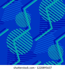 Seamless Pop Art Pattern. Abstract Colorful Texture with Lines and Geometric Figures for Print, Fabric, Cloth. Trendy Seamless Multicolor Background in Disco Style. Vector Texture.