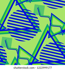 Seamless Pop Art Pattern. Abstract Colorful Texture with Lines and Geometric Figures for Dress, Curtain, Tablecloth. Trendy Seamless Multicolor Background in Disco Style. Vector Texture.