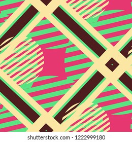 Seamless Pop Art Pattern. Abstract Colorful Texture with Lines and Geometric Figures for Chintz, Linen, Wallpaper. Modern Seamless Multicolor Background in Disco Style. Vector Texture.