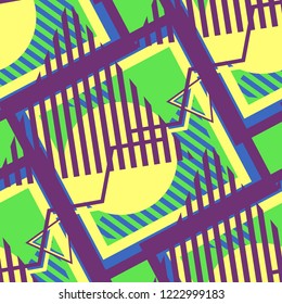 Seamless Pop Art Pattern. Abstract Color Texture with Lines and Geometric Figures for Print, Fabric, Textile. Trendy Seamless Multicolor Background in Disco Style. Vector Texture.