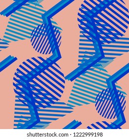 Seamless Pop Art Pattern. Abstract Color Texture with Lines and Geometric Figures for Linen, Paper, Tablecloth. Trendy Seamless Multicolor Background in Disco Style. Vector Texture.